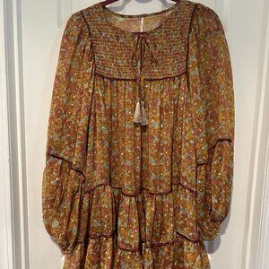 EUC FREE PEOPLE SEMI SHEER TUNIC NO SLIP LONG SLEEVE RUCHED BIB CAN FIT 1XL